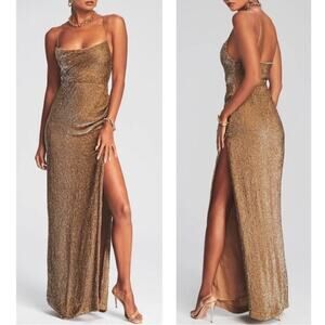 Retrofete Katya Sequin Embellished Cowl Neck High Slit Bronze Maxi Dress Sz XXS